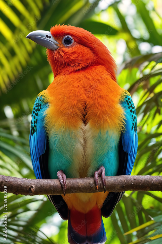 Obraz premium Colorful tropical bird in jungle on a sunny day. Rainforest illustration with bright beautiful birdie among exotic plants with big leaves. Background with pristine nature landscape. Generative AI