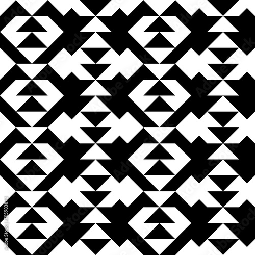 Triangles, arrows, figures seamless pattern. Geometric image. Ethnic ornate. Folk ornament. Tribal wallpaper. Geometrical background. Retro motif. Ethnical textile print. Abstract image. Vector art