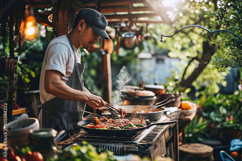 Fototapeta premium Asian barbecue party in the backyard.