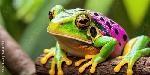 Tropical frog in jungle on a sunny day. Rainforest illustration with bright colorful amphibian among exotic plants with big leaves. Background with pristine nature landscape. Generative AI photo