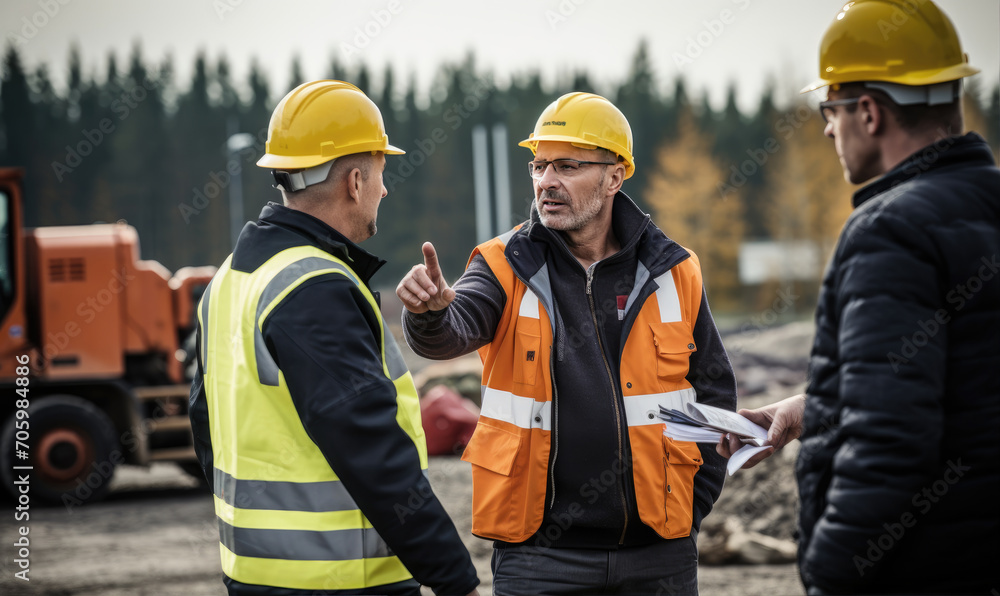 Professional engineers discussing about blueprints and effectivity at construction site Professional engineers discussing about blueprints and effectivity at construction site
