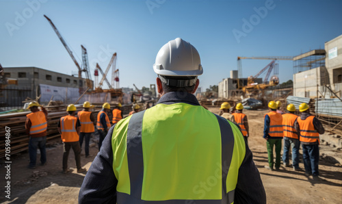 Professional engineers discussing about blueprints and effectivity at construction site