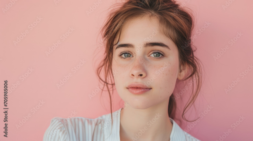 Close up Portrait of a female student against a pink studio background Close up Portrait of a female student against a pink studio background