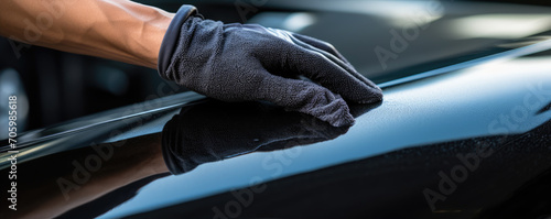 A man cleaning or polish luxury car with microfiber cloth, Car clean concept. photo