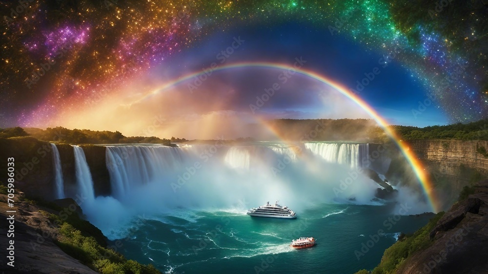 highly intricately detailed photograph of  Spectacular rainbow near tourist boat  