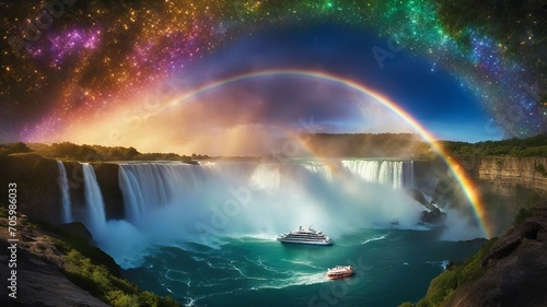 highly intricately detailed photograph of Spectacular rainbow near tourist boat 