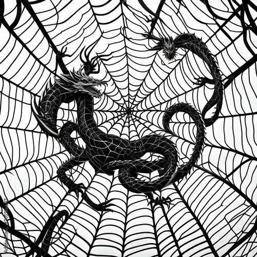 a dragonlike creature entangled in a spiderweb on a white background. Suitable as a tattoo design photo