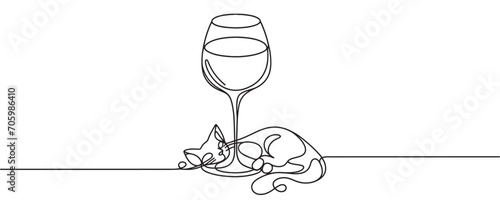 Continuous one line drawing. Wine glass and cat. Vector illustration