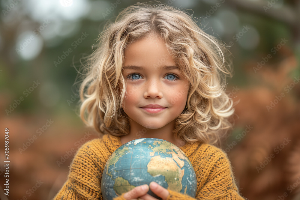 Cute little girl holding the globe, save the environment Cute little girl holding the globe, save the environment