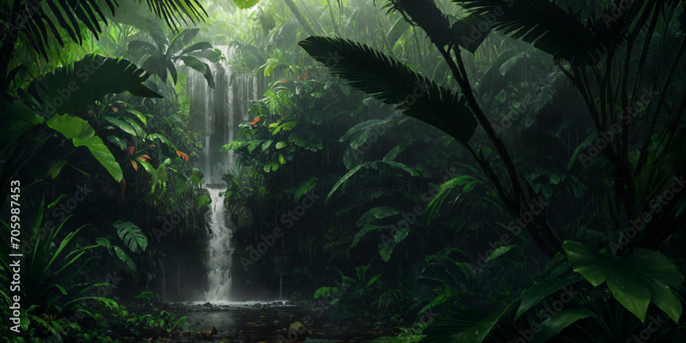 Waterfall in wild jungle. Heavy rain. Dark tropical forest with exotic plants, palm trees, big leaves and ferns. Scary thicket of the rainforest. Stream of water, wet green vegetation. Generative AI - obrazy, fototapety, plakaty 