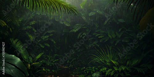 Jungle during heavy rain. Dark tropical forest with exotic plants  palm trees  big leaves and ferns. Scary thicket of the rainforest. Streams of water  wet green vegetation and ground. Generative AI