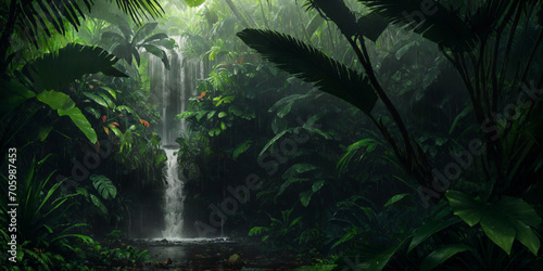 Waterfall in wild jungle. Heavy rain. Dark tropical forest with exotic plants, palm trees, big leaves and ferns. Scary thicket of the rainforest. Stream of water, wet green vegetation. Generative AI photo