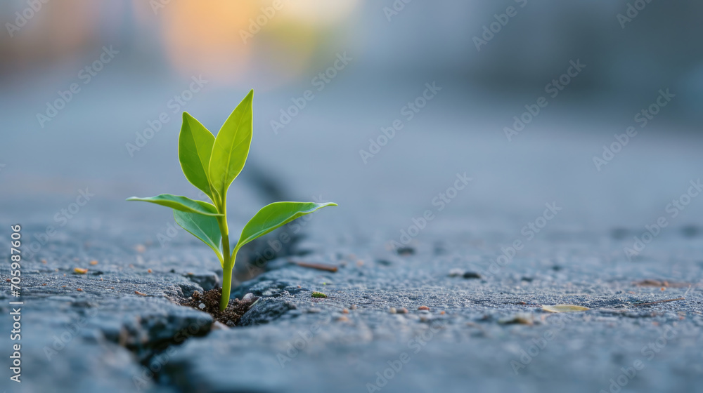 A tiny plant breaking through concrete with vibrant green leaves, representing resilience and growth in the face of adversity. A tiny plant breaking through concrete with vibrant green leaves, representing resilience and growth in the face of adversity.