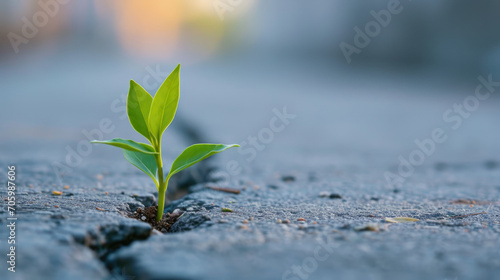 A tiny plant breaking through concrete with vibrant green leaves, representing resilience and growth in the face of adversity.