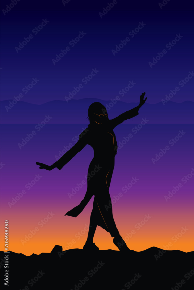Original vector illustration. A girl on the background of a sunset, with her hair down and wearing glasses.