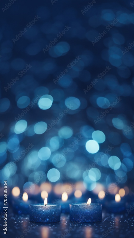 Fototapeta premium Serenity in Blue: Glittering Candles and Bokeh Lights, Vertical Poster or Sign with Open Empty Copy Space for Text 