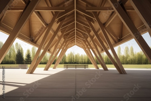 A large wooden structure with a bench inside. Generative AI. © Natalia