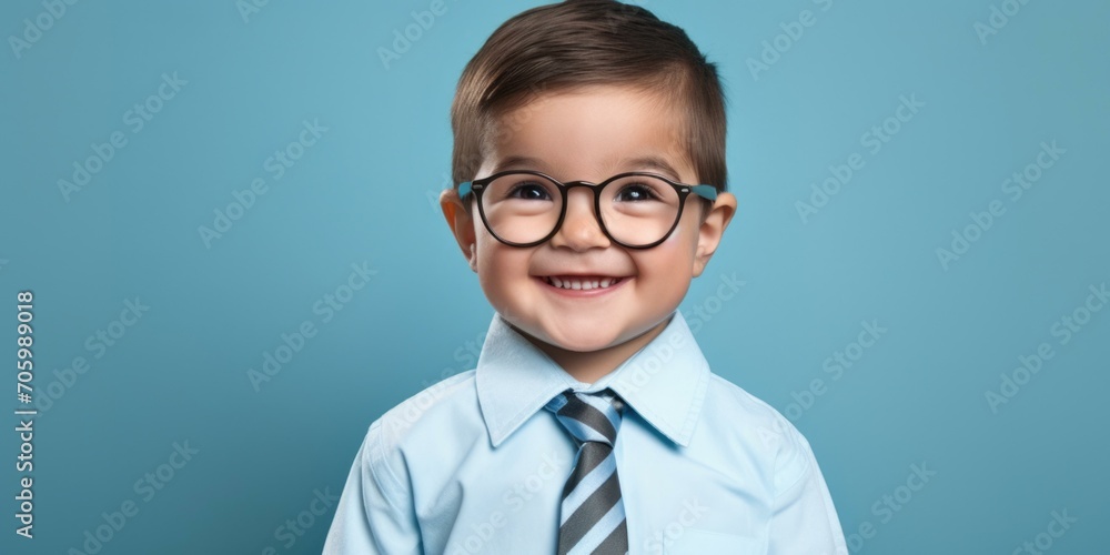 A little boy wearing glasses and a tie. Generative AI.