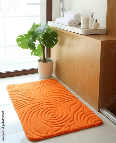 An orange bath mat with a swirl design. Generative AI. photo