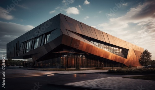 The building is made of metal and has a curved shape. Generative AI.