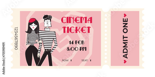 Valentines day retro cinema ticket with beige background. Vector illustration in 60's-70's style of movie session access flyer and coupon.	