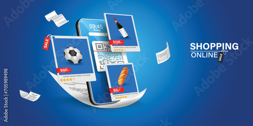 product placement on smartphone online shopping application, many products are displayed on smartphone screen and sale tag label hangs below,vector 3d isolated for design