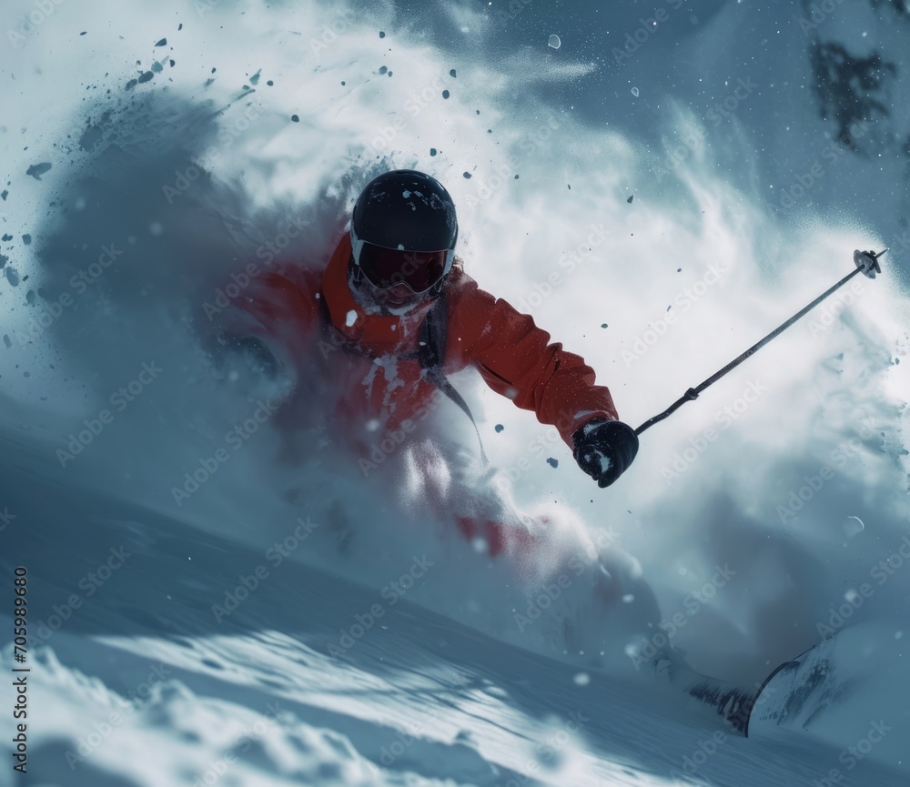 Naklejka premium Man skis down slopes falling in powder stock. Enjoying skiing. Generative AI