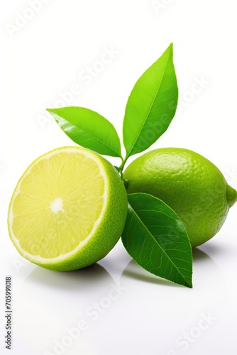 Fresh natural green lemon with leaf, white background