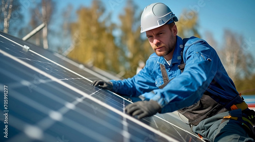 un ingénieur pose des panneaux solaires, l'avenir de la production électriques 