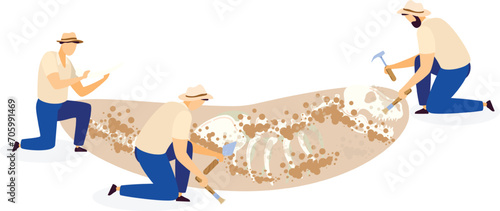 Three men with hats digging and finding dinosaur bones. Archaeologists excavate fossils with tools. Paleontology discovery, scientific research vector illustration.