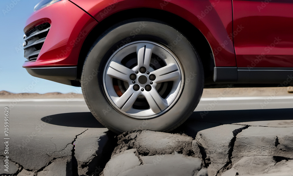 Car stuck with wheels in cracks on the road. Close up image of damaged cracked asphalt road after earthquake, eruption or poor maintenance. 
