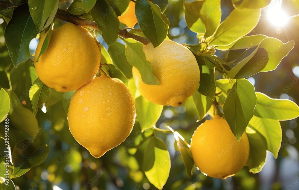 A bunch of lemons hanging from a tree. Generative AI. A bunch of lemons hanging from a tree. Generative AI.
