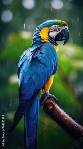 A blue and yellow parrot sitting on a branch in the rain. Generative AI.