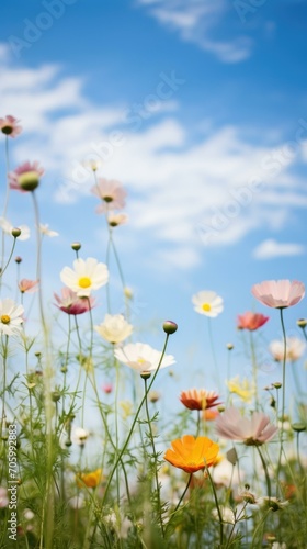 Cosmos flowers in a field with blue sky background. Generative AI.