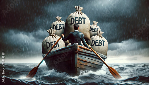 Sinking in Debt. Business man in a sinking boat loaded with bags of debt. When you're drowning in debt, it can feel like the world is caving in around you photo