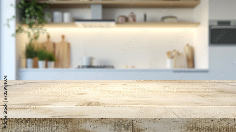 Empty wooden dining table with a beautifully blurred modern kitchen scene in the background Empty wooden dining table with a beautifully blurred modern kitchen scene in the background