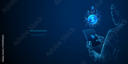 Increase revenue. Abstract businessmen touch on a coin icon on a tablet screen. Technology innovation in finance. Growth profit or save money concepts. Stock market. Low poly vector illustration.