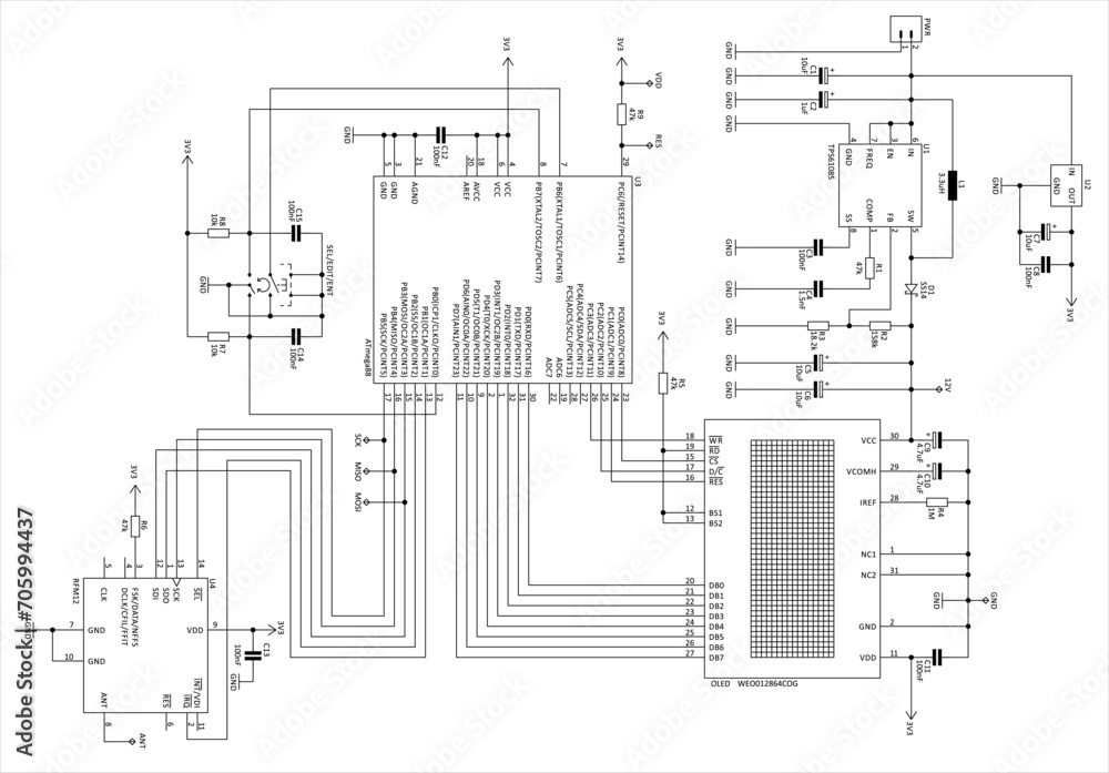 Technical schematic diagram of electronic device.
Vector drawing electrical circuit with 
micro controller, integrated circuit, capacitor, resistor,
lcd display, other electronic components.