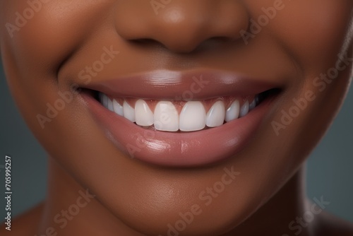close up of a black woman s smile with white teeth. Advertising of teeth whitening products or dental clinic. 