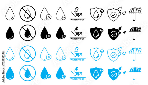 waterproof shield vector icon set. water resistant symbol in black and blue. corrosion resist sign. leakproof fabric icon. rain protection emblem. block rain water symbol. photo