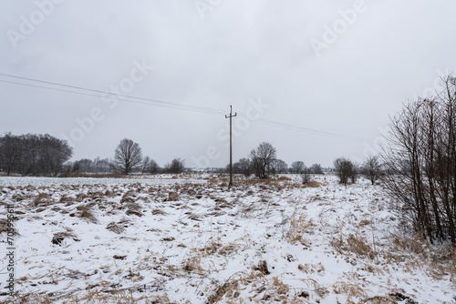 Ścieżka elektryczna idąca przez zaśnieżone pole porośnięte krzakami w popołudniowych godzinach pochmurnego szarego dnia w Zachodniej Polsce photo