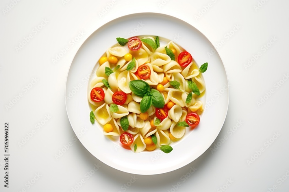 seasonal veggie pasta. primavera. white plate on a white background. top view seasonal veggie pasta. primavera. white plate on a white background. top view