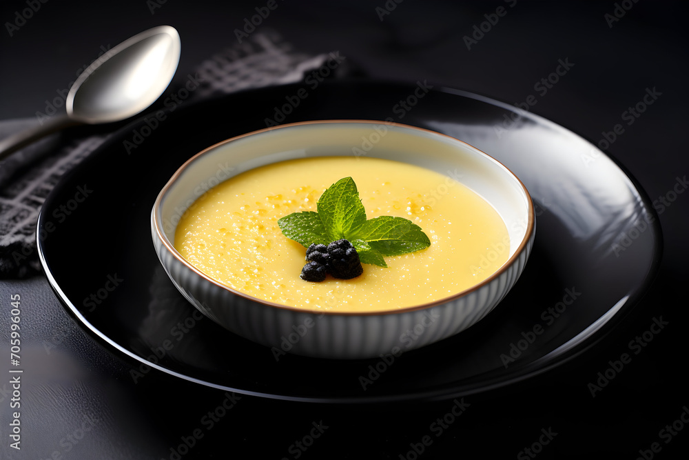 polenta in a black plate on a dark background with spoon polenta in a black plate on a dark background with spoon