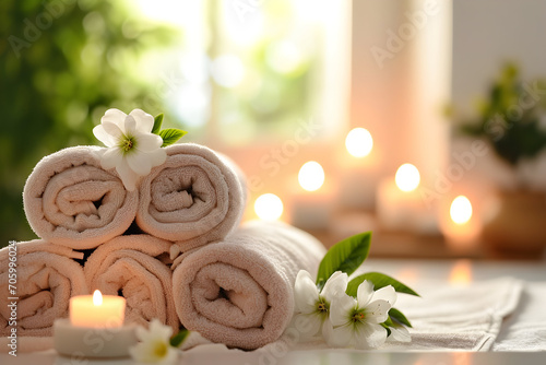 light spa background with flowers  candle and towels. relax concept