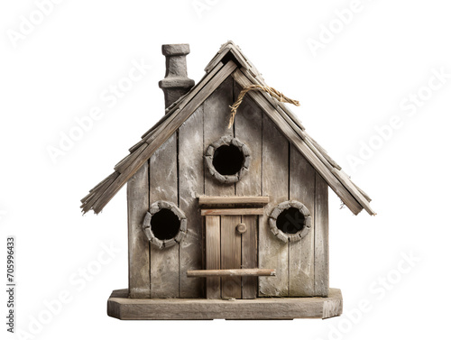 a bird house with a door and windows