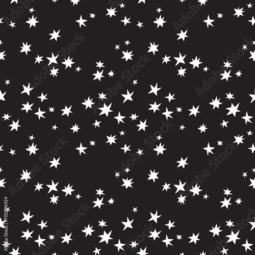 Starry night seamless vector pattern. Simple monochrome geometric ornament with stars for printing on different surfaces. Creative attractive texture for printing on fabric, wrapping, wallpaper, etc..