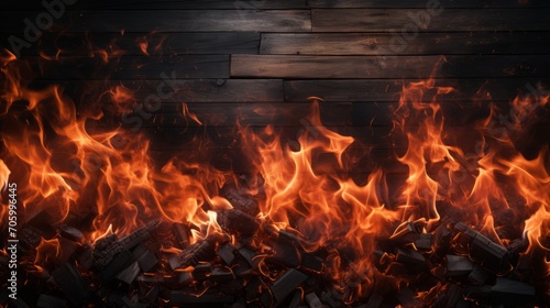Burning wood with fire flames on dark wooden background with copy space photo