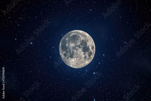A bright full moon in a dark starry sky.
