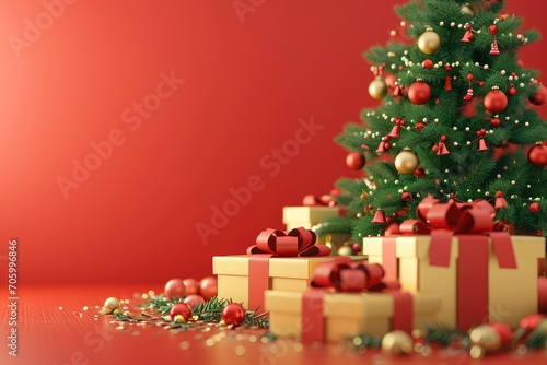 3D render Christmas background with gift boxes and christmas tree