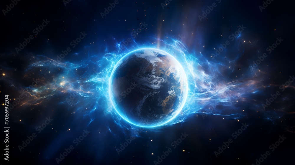 Space Planet Earth with Energy Waves Around

